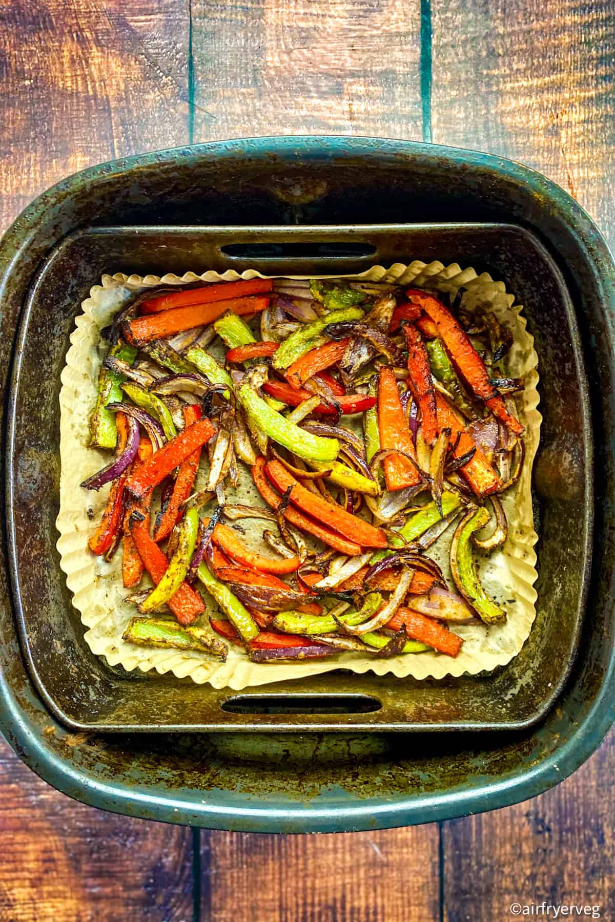Fajita veggies roasted in an air fryer.
